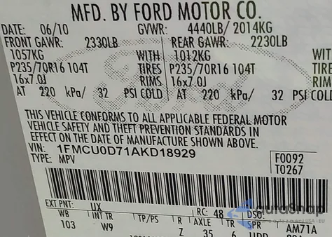 2010 Ford Escape Xlt z USA, uszkodzony, nr VIN 1FMCU0D71AKD18929